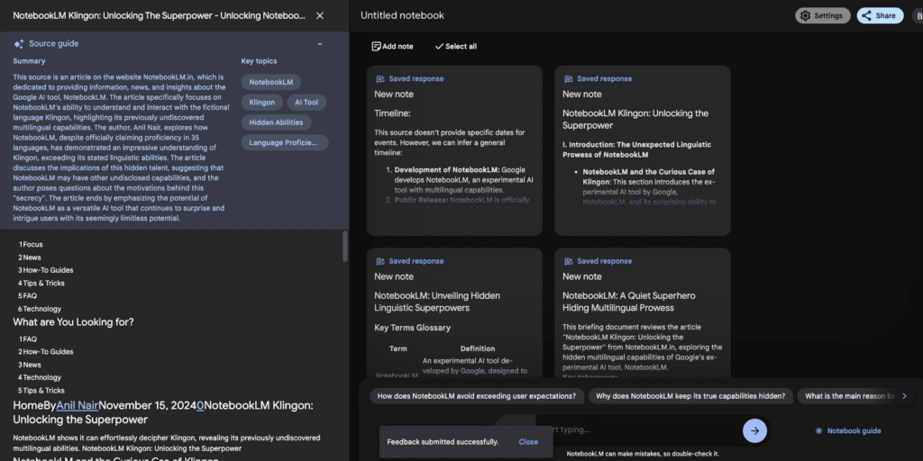 On this screen, the extracted content from the web link along with its summary generated by notebooklm can be seen. Other notes include the faq, study guide, table of content, briefing doc eyc, generated by notebooklm from the web link content.